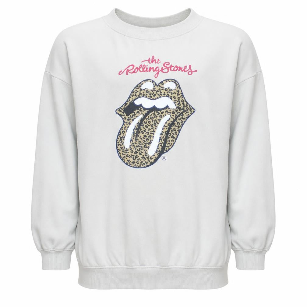 Front view of H&M girls’ white rolling stones leopard print pullover sweatshirt 10-12 years