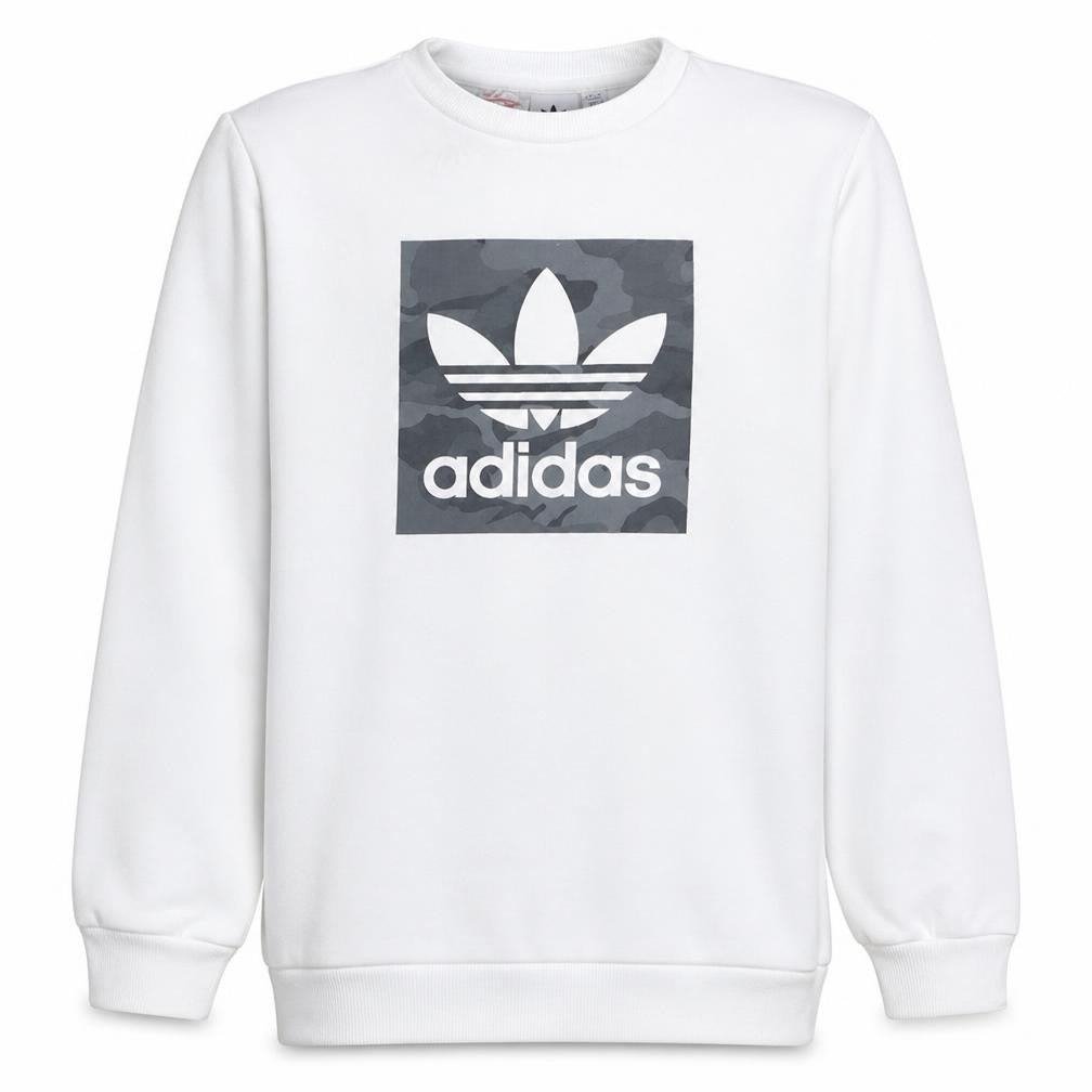 Front view of Adidas boys’ white crew neck sweatshirt 13-14 years camouflage logo