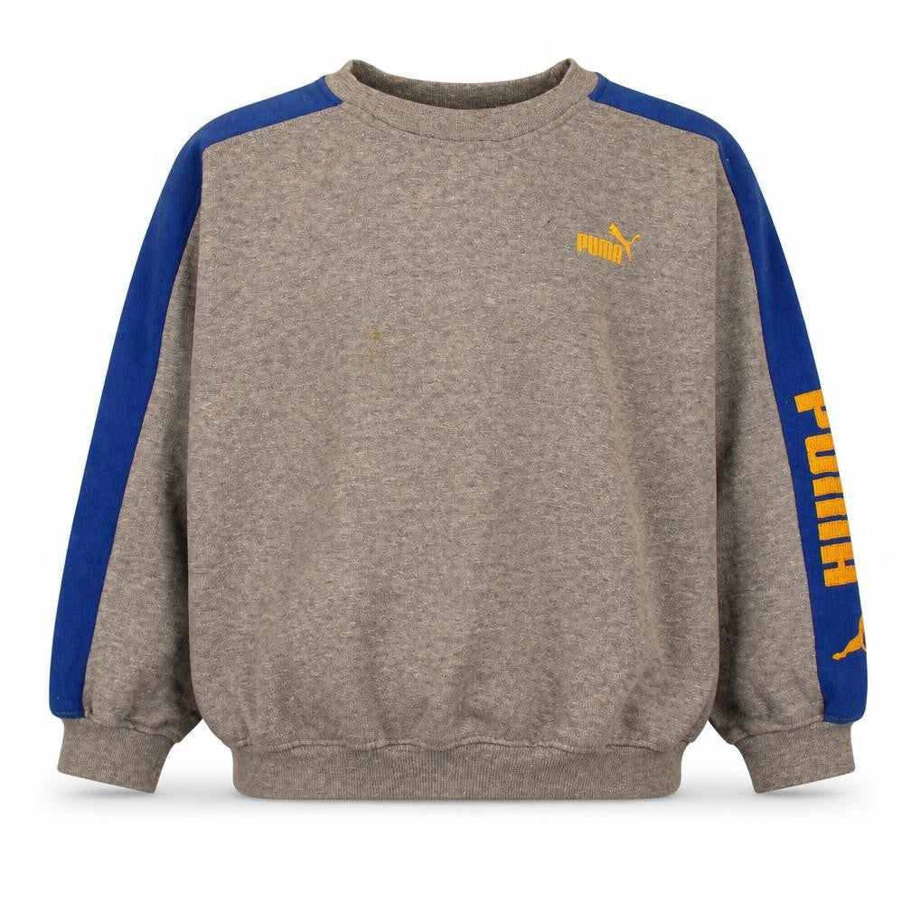 Front view of Puma girls’ grey & blue colourblock logo pullover sweatshirt 10 years