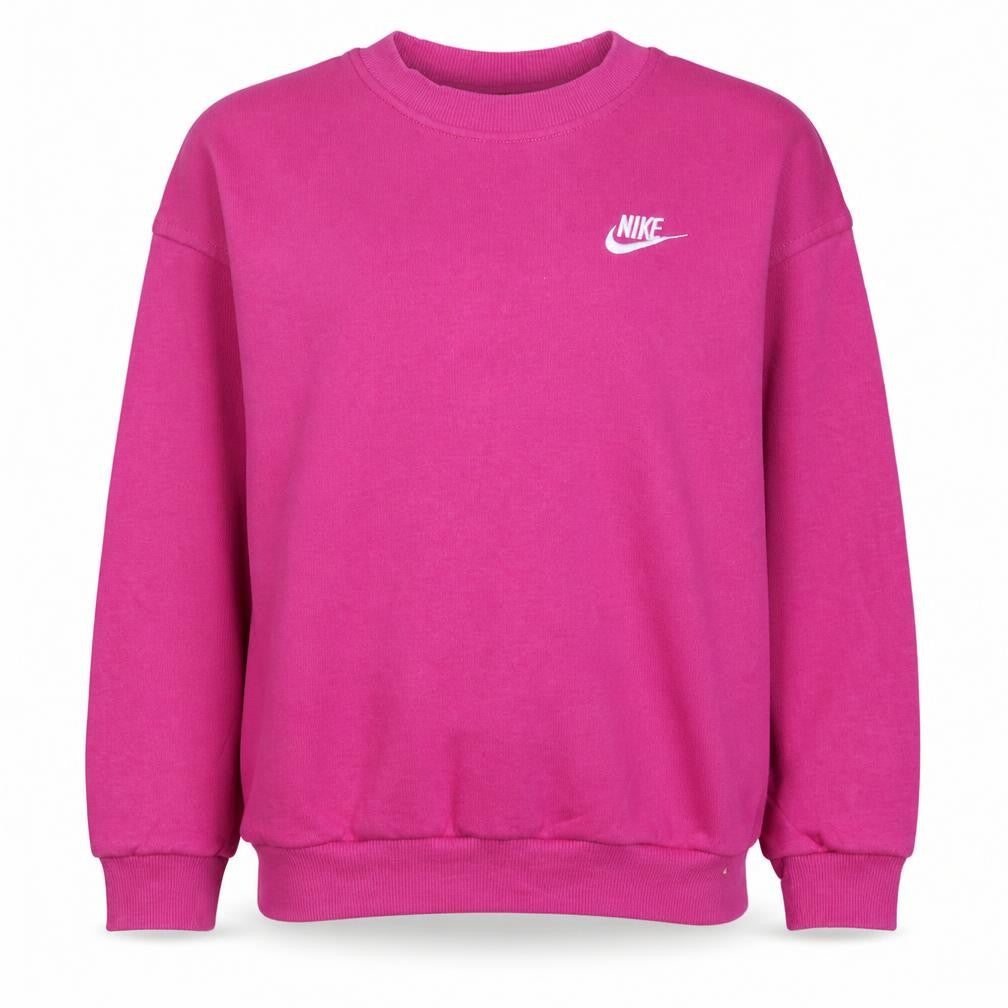 Front view of Nike girls’ pink crew neck pullover sweatshirt, size S, 128–137cm
