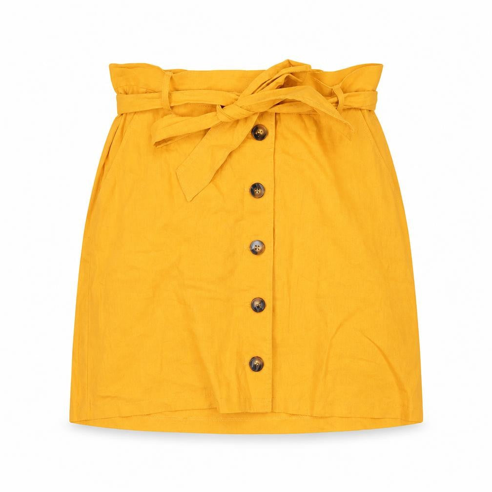 Front view of ASOS Women Yellow Linen A-Line Button Belted Skirt, size 14