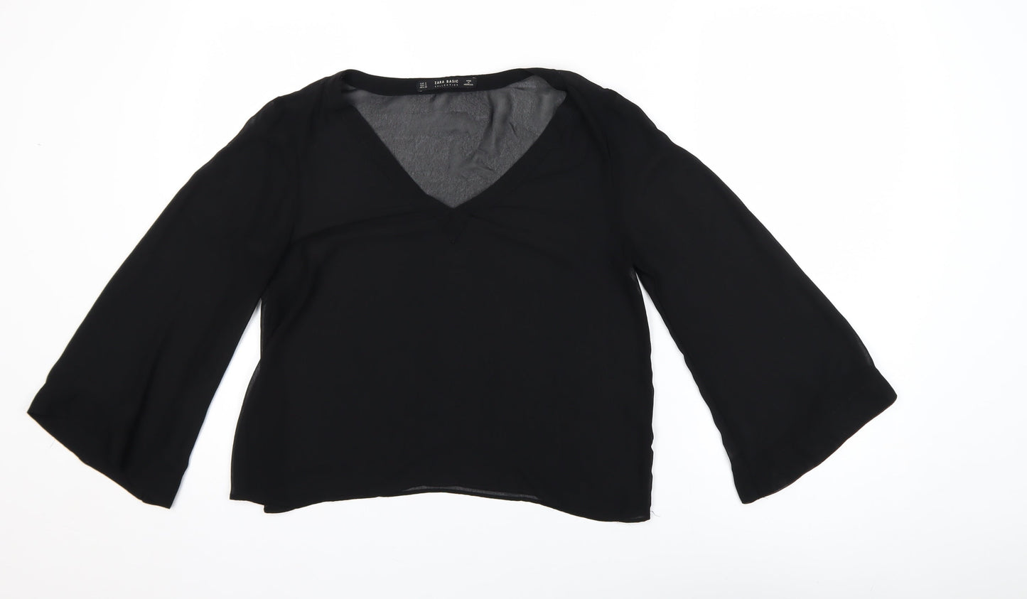 Zara Basic Women's Black V-Neck Long Sleeve Chiffon Blouse Size S