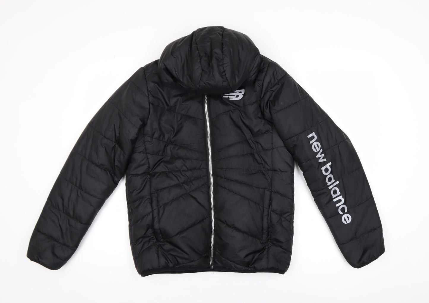 New Balance Boys Black Hooded Puffer Jacket L 10-12 Years Quilted Polyester