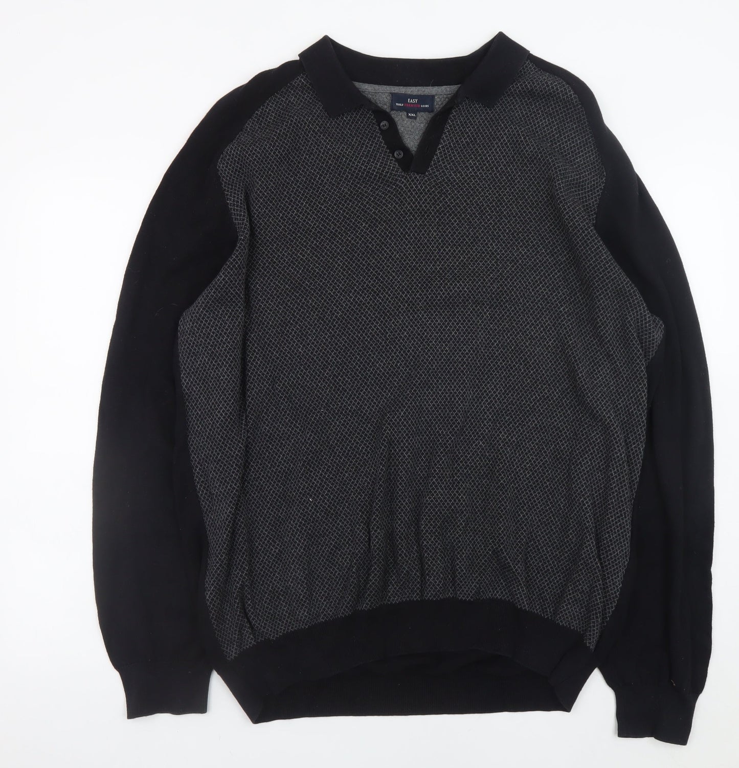 EASY Men’s Black 2XL Collared Long Sleeve Button-Up Cotton Jumper