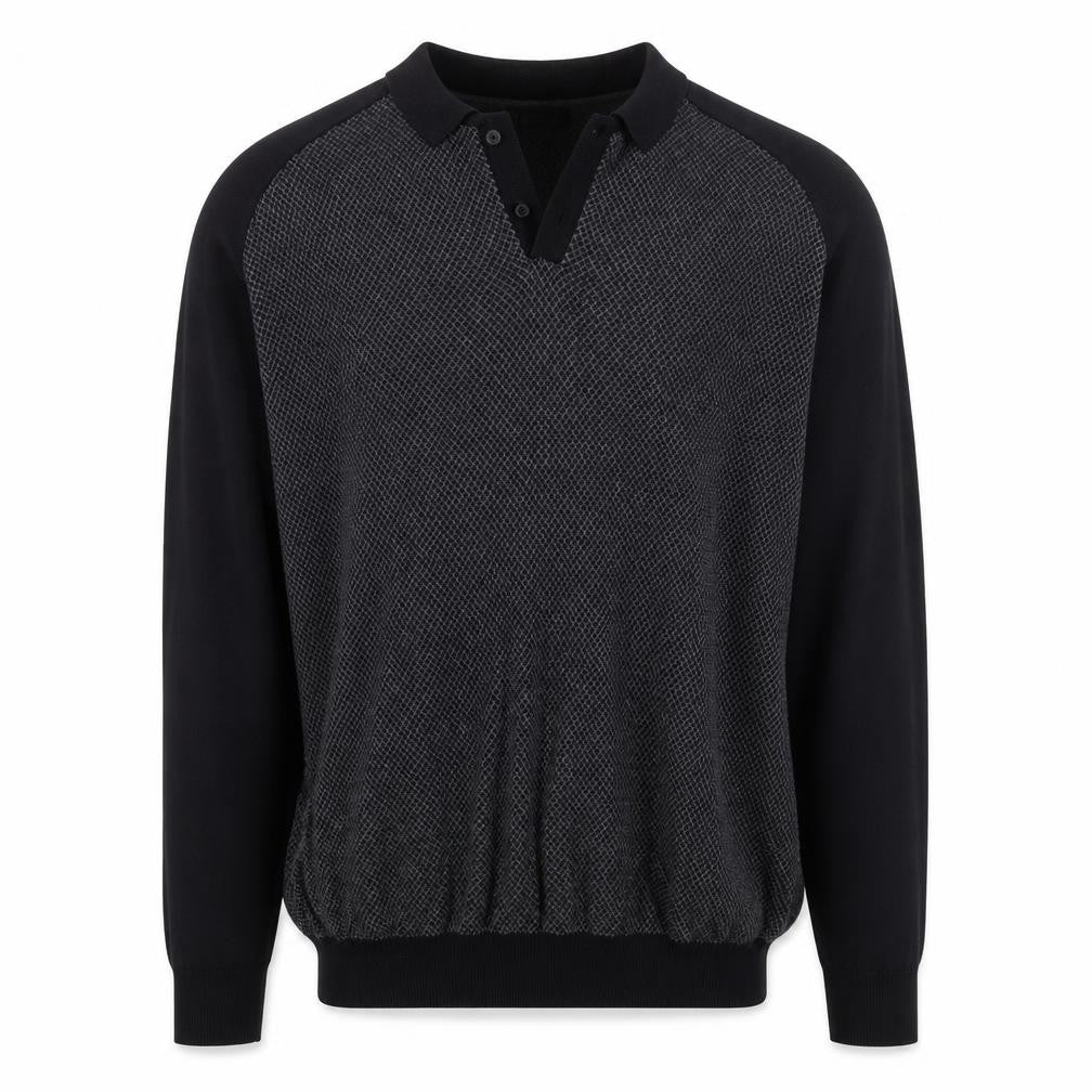 Front view of Easy Men’s Black 2XL Collared Long Sleeve Button-Up Cotton Jumper