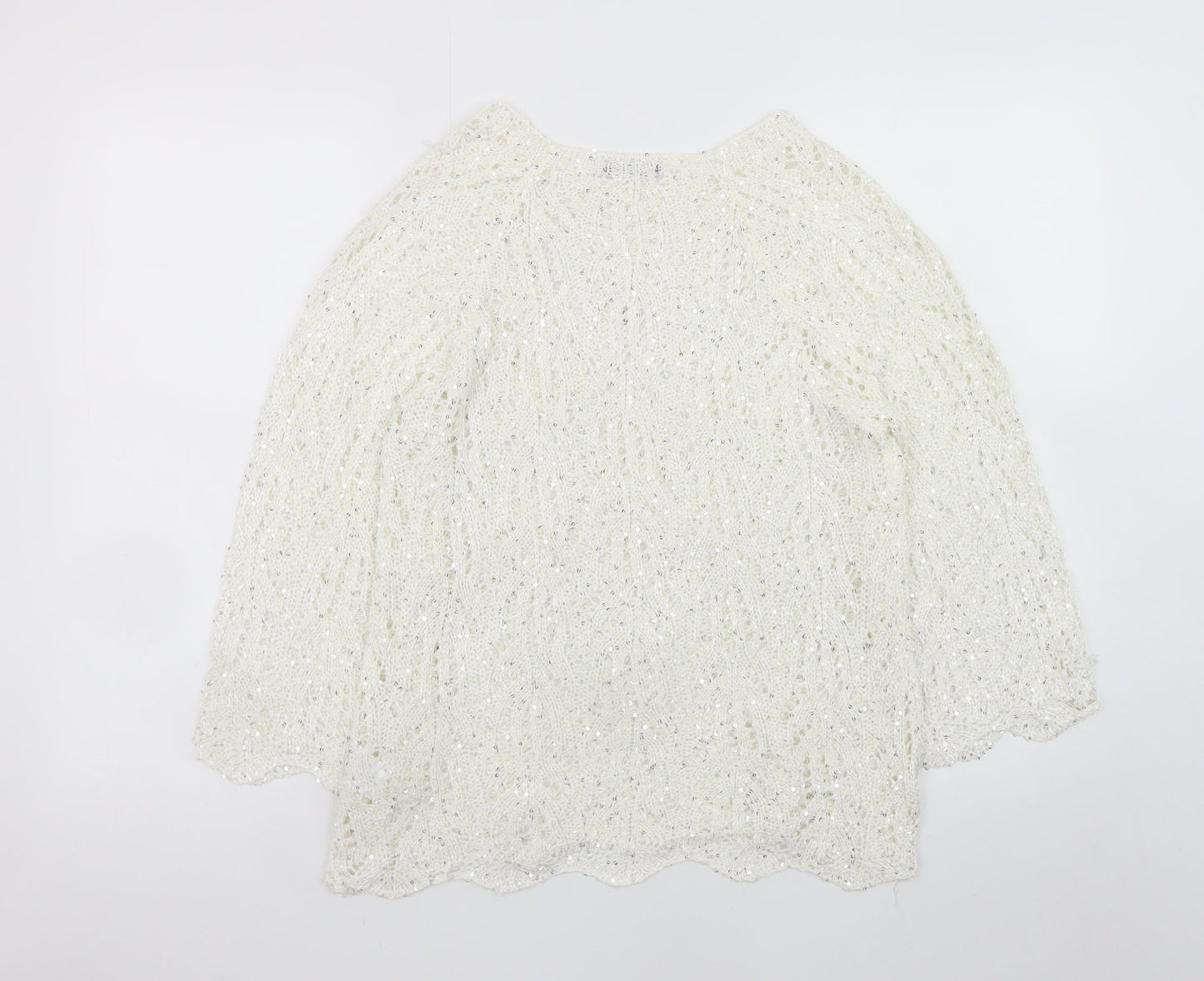 Roman Women Ivory Sequin Open-Knit 3/4 Sleeve Jumper Size 14