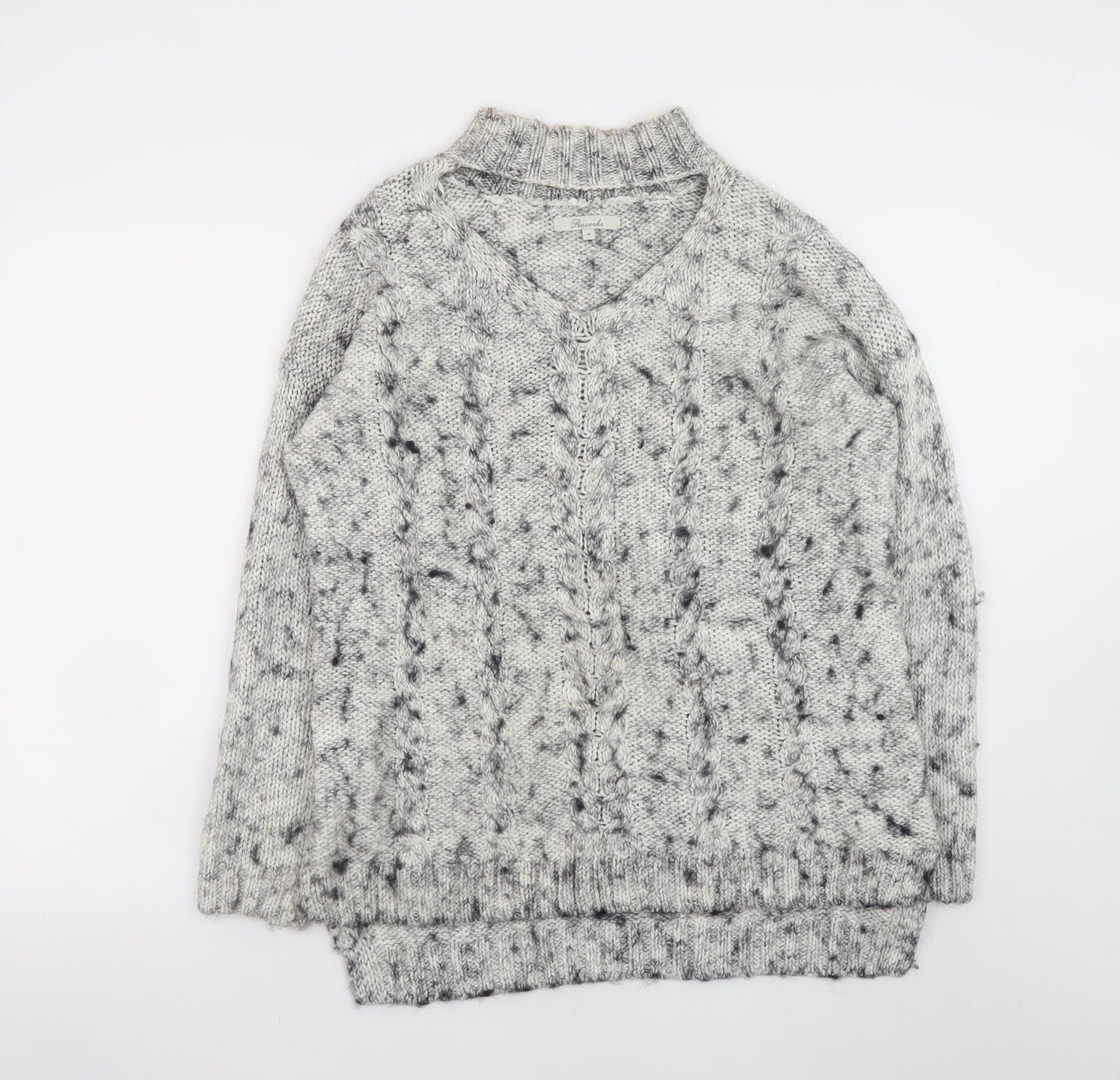 Pimkie Women's Grey Chunky-Knit V-Neck Wool Blend Jumper Size M