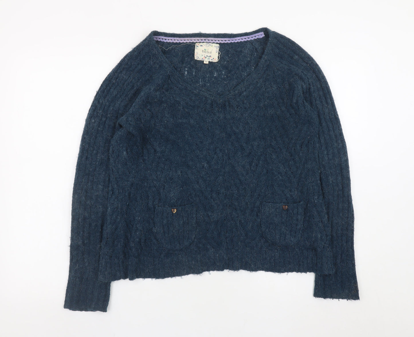 Mistral Women Blue Cable Knit Alpaca Jumper Size 12 Long Sleeve
