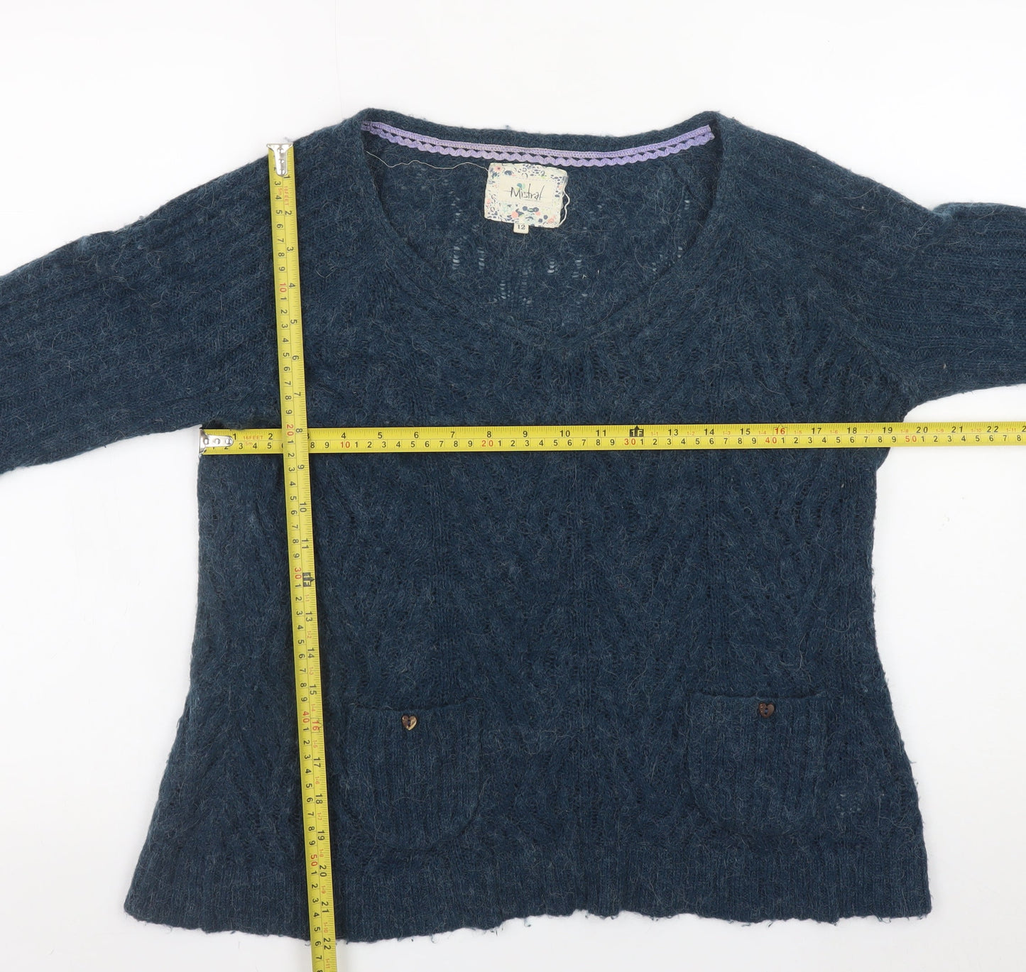 Mistral Women Blue Cable Knit Alpaca Jumper Size 12 Long Sleeve