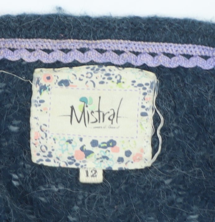 Mistral Women Blue Cable Knit Alpaca Jumper Size 12 Long Sleeve