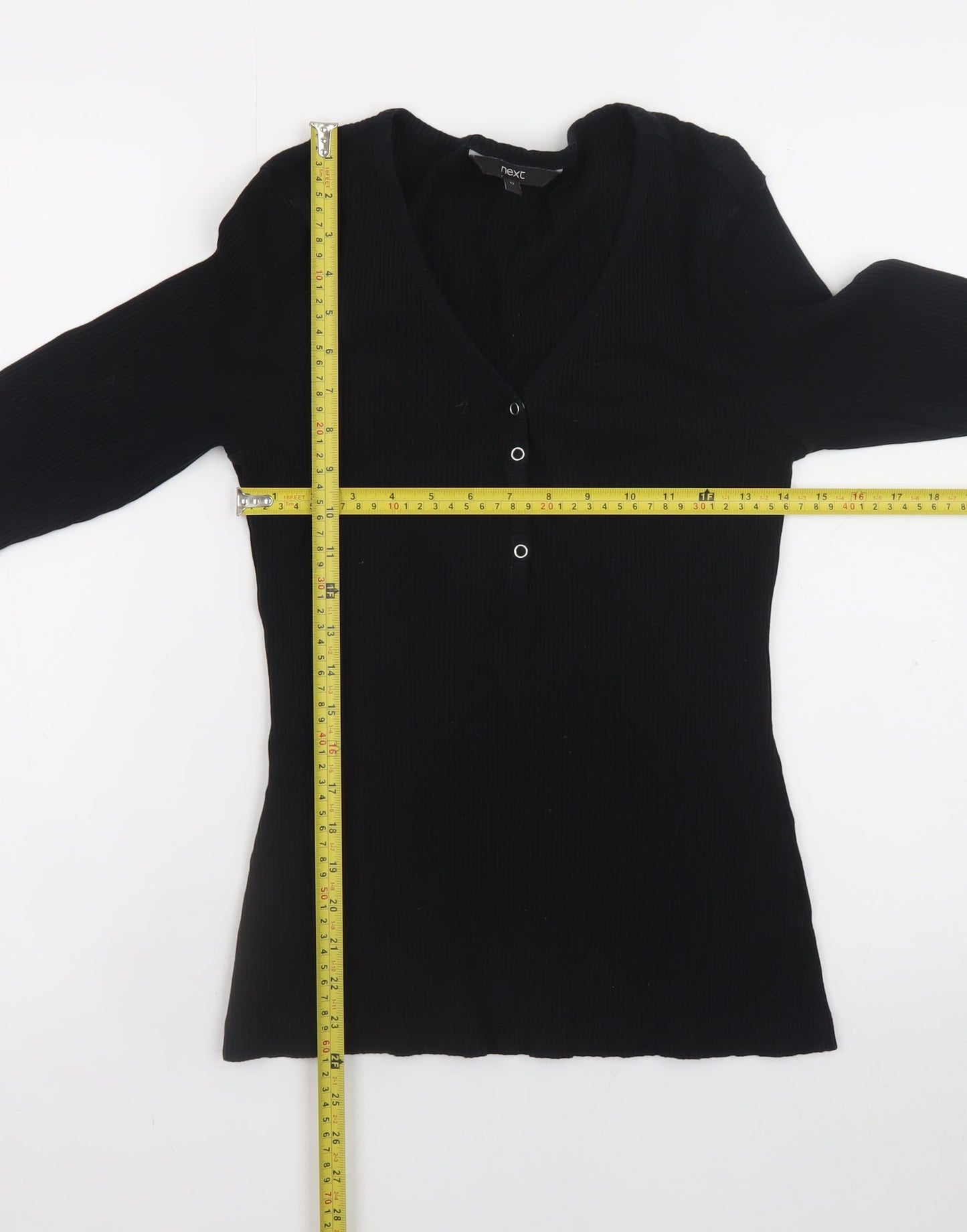 Next Women Black V-Neck Long Sleeve Ribbed Slim Fit Top Size 12