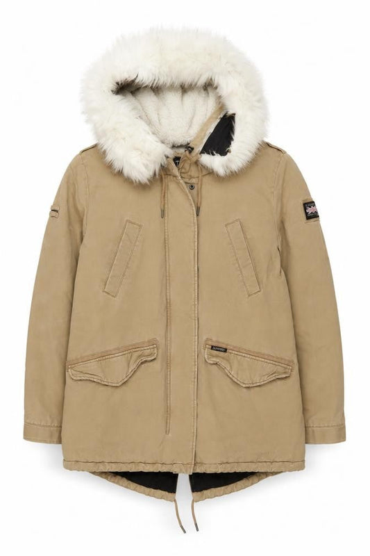 Superdry Women's Beige Faux Fur Hooded Parka Coat Size 12