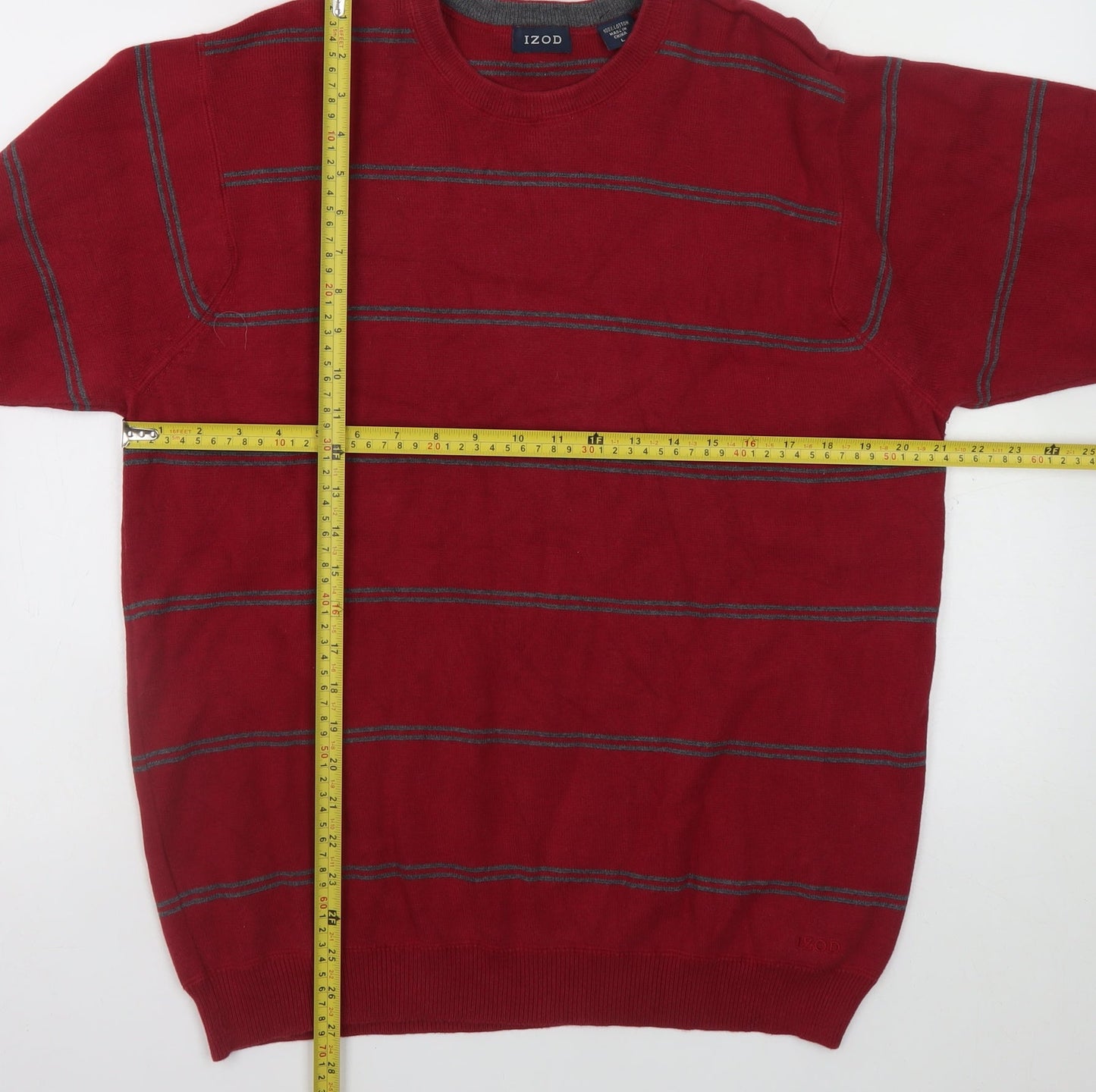 IZOD Men's Red Striped Cotton Crew Neck Jumper Size L