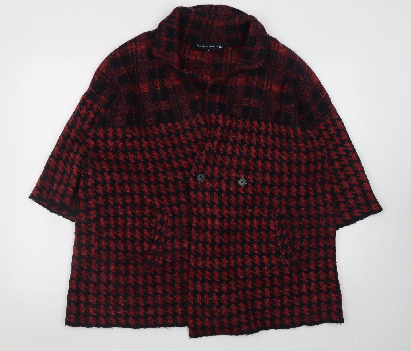 French Connection Women's Red Houndstooth Wool Blend Mid-Length Coat L