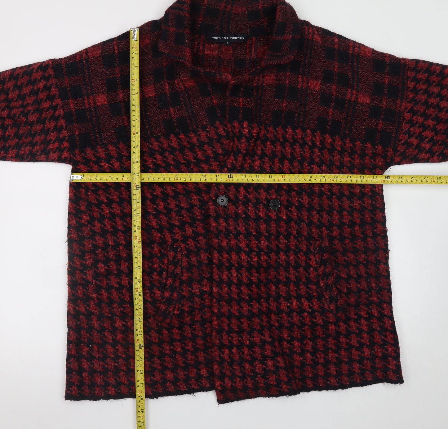 French Connection Women's Red Houndstooth Wool Blend Mid-Length Coat L
