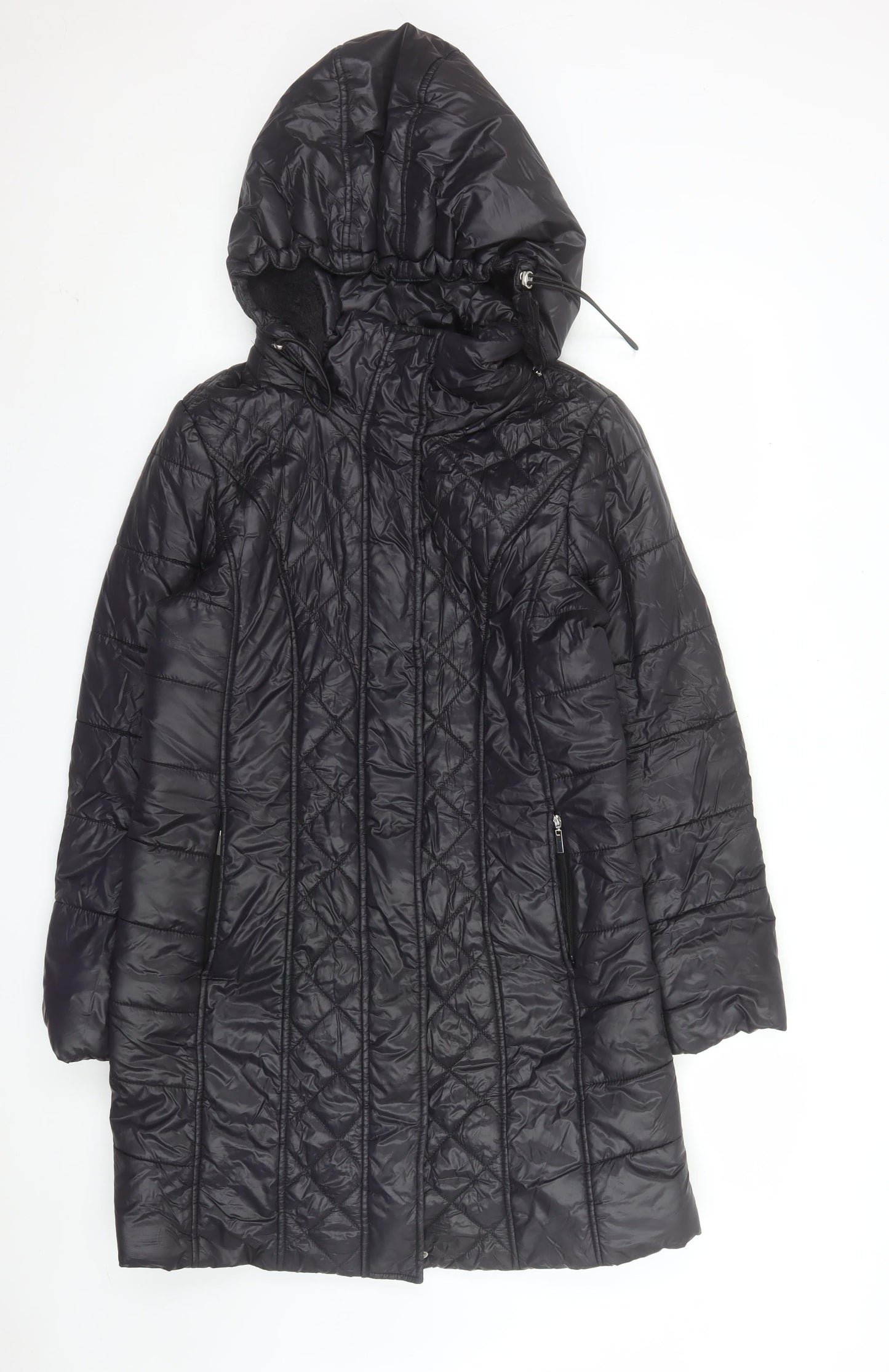 Ashley Brooke Womens Black Quilted Long Hooded Puffer Coat Size 16