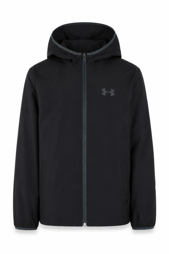 Front view of Under Armour boys’ black windbreaker hooded jacket, size 10, years