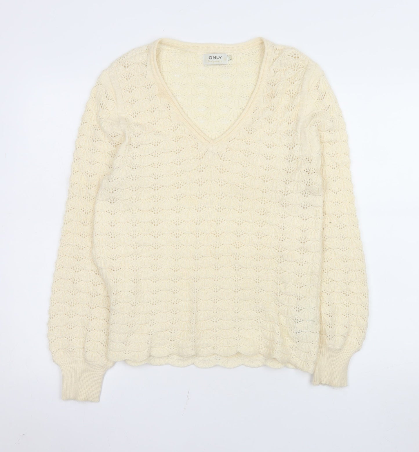 ONLY Womens Ivory V-Neck Open Knit Pullover Jumper Size M