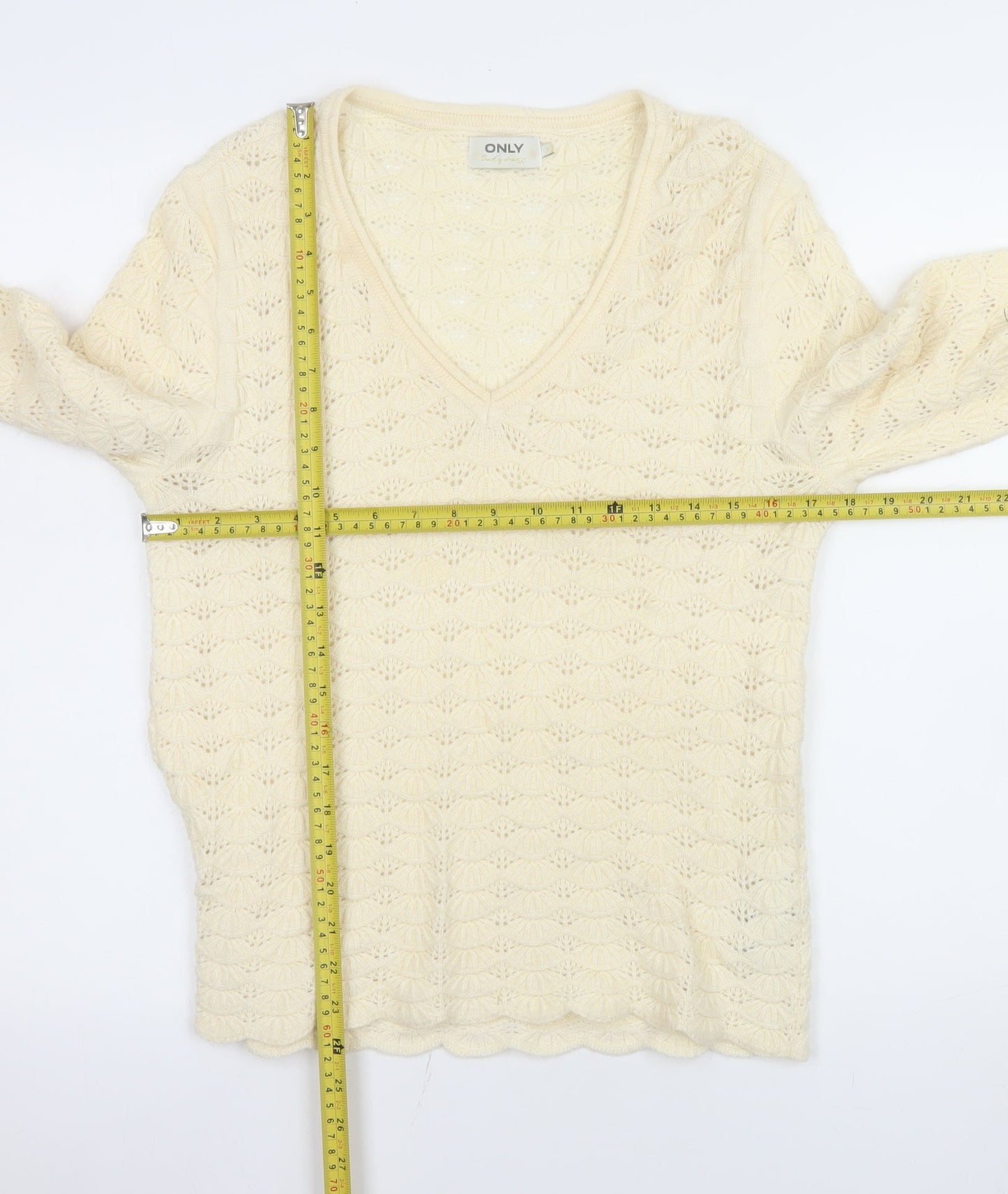 ONLY Womens Ivory V-Neck Open Knit Pullover Jumper Size M