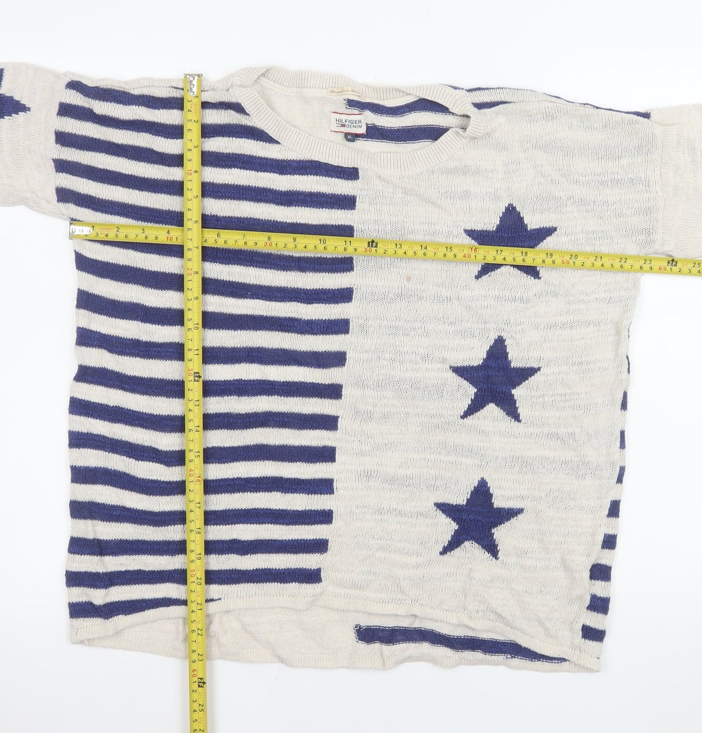 Hilfiger Denim Women's Ivory Blue Star Striped Knit Jumper XL