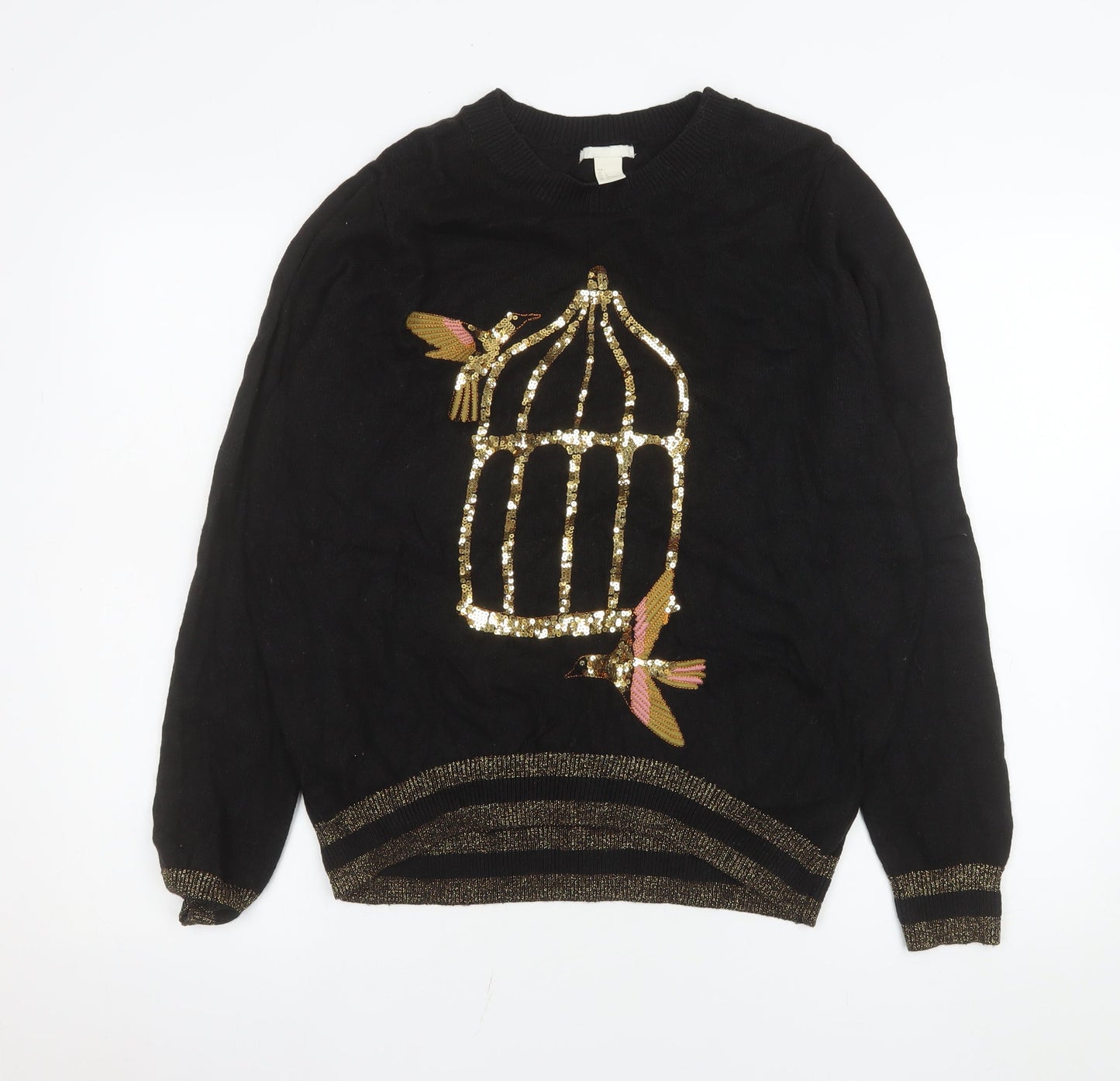 H&M Women’s Black Sequin Bird Cage Jumper Size 14
