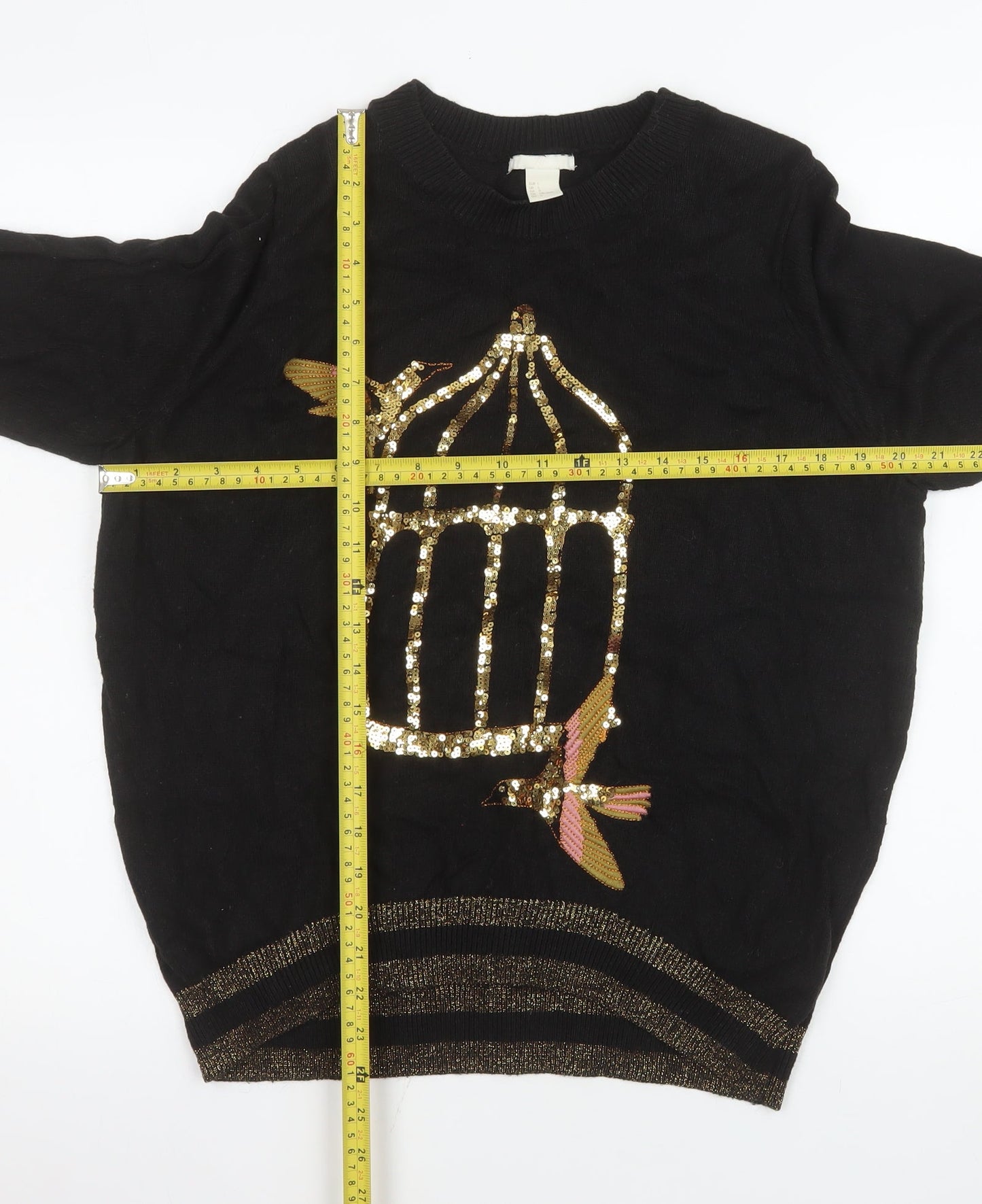 H&M Women’s Black Sequin Bird Cage Jumper Size 14