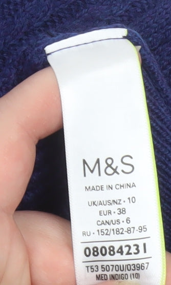 Marks and Spencer Women Blue Size 10 Mock Neck Cable-Knit Jumper