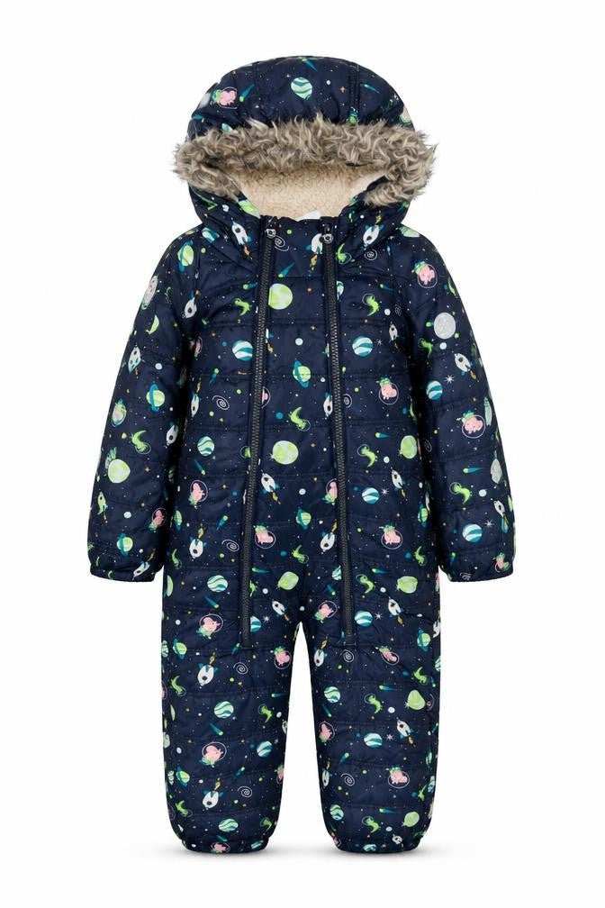 Front view of Regatta girls’ blue peppa pig winter snowsuit 6 years hooded puffer