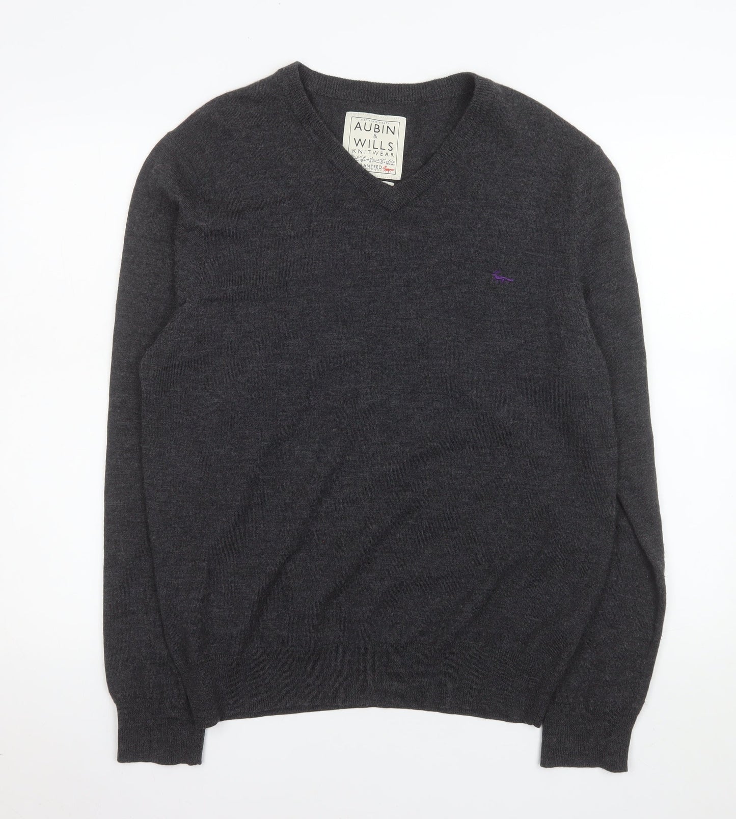 Aubin & Wills Men's Grey Merino Wool V-Neck Pullover Jumper L