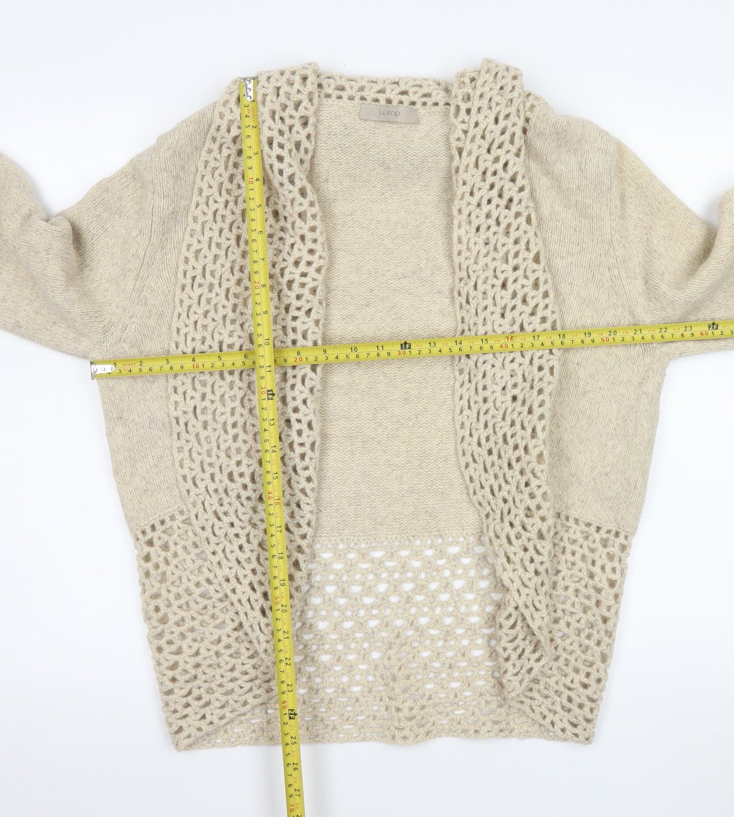 Wrap Women Beige Merino Wool Open-Knit Long Sleeve Cardigan Size 20