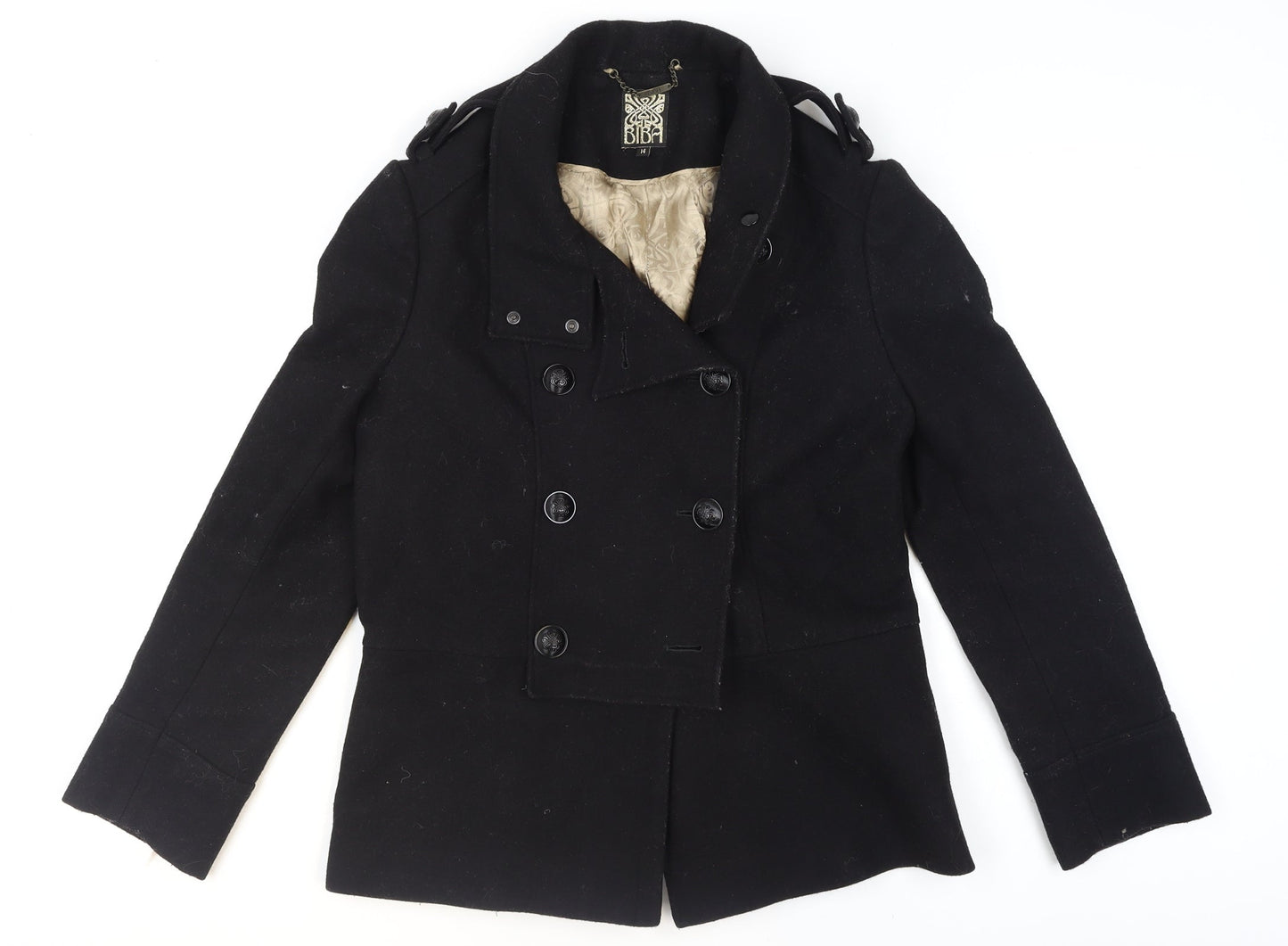 Biba Women's Black Wool Blend Pea Coat Size 14 Short Belted