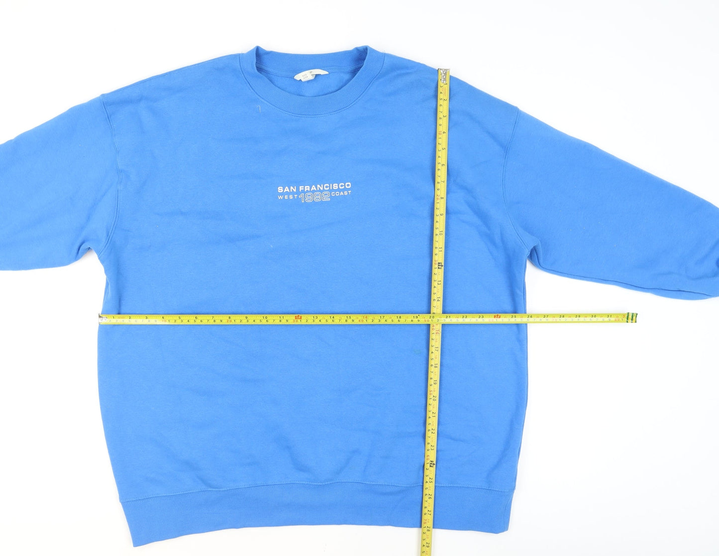 H&M Men Blue Pullover Sweatshirt L Crew Neck Graphic Print