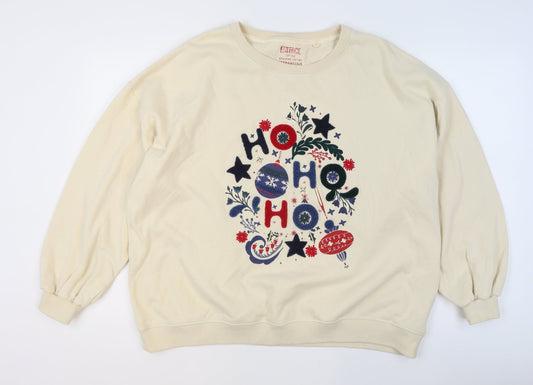 FatFace Women Beige Christmas Ho Ho Ho Pullover Sweatshirt Size L