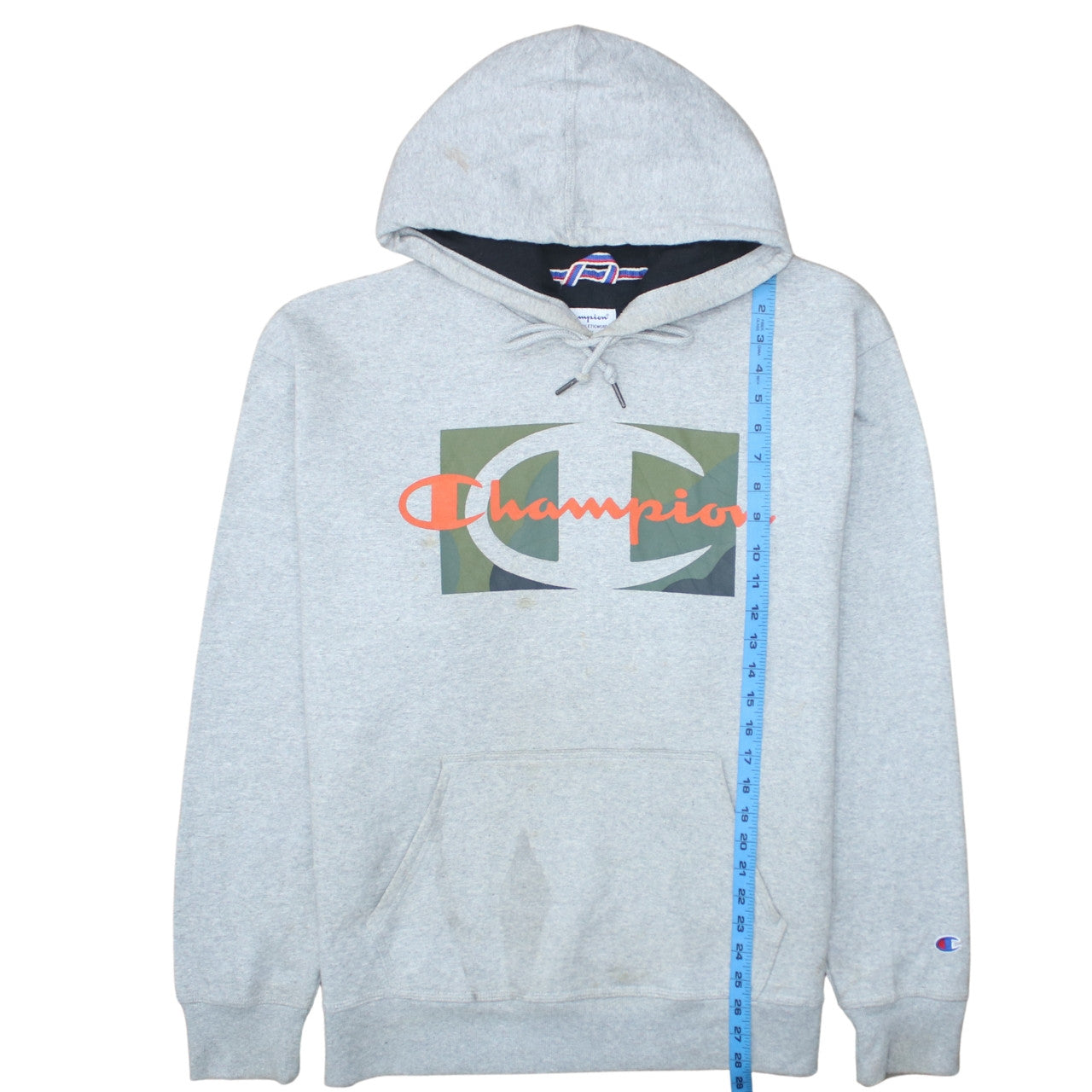 Champion Men Grey Logo Pullover Hoodie L Fleece Sweatshirt