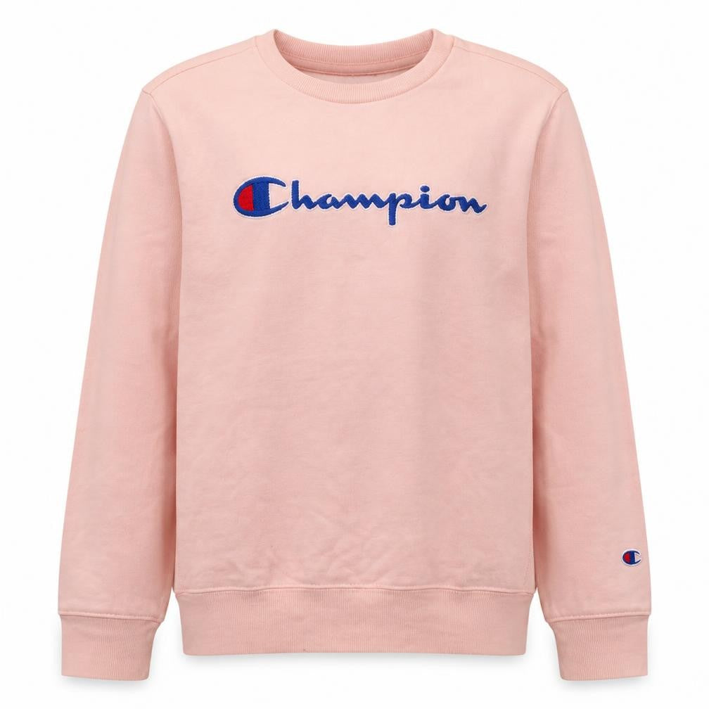 Front view of Champion girls’ pink crew neck pullover sweatshirt l embroidered logo cotton blend