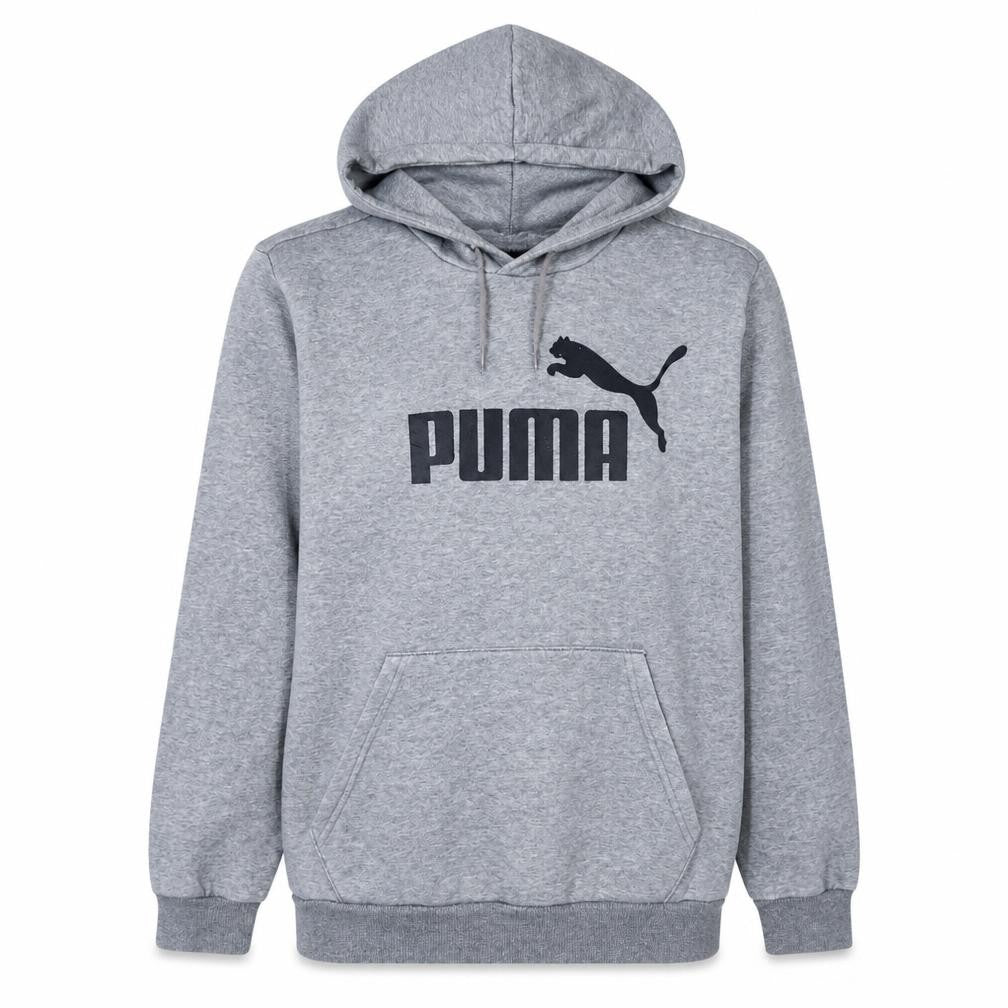 Front view of Puma men’s grey pullover hoodie m logo athletic sweatshirt
