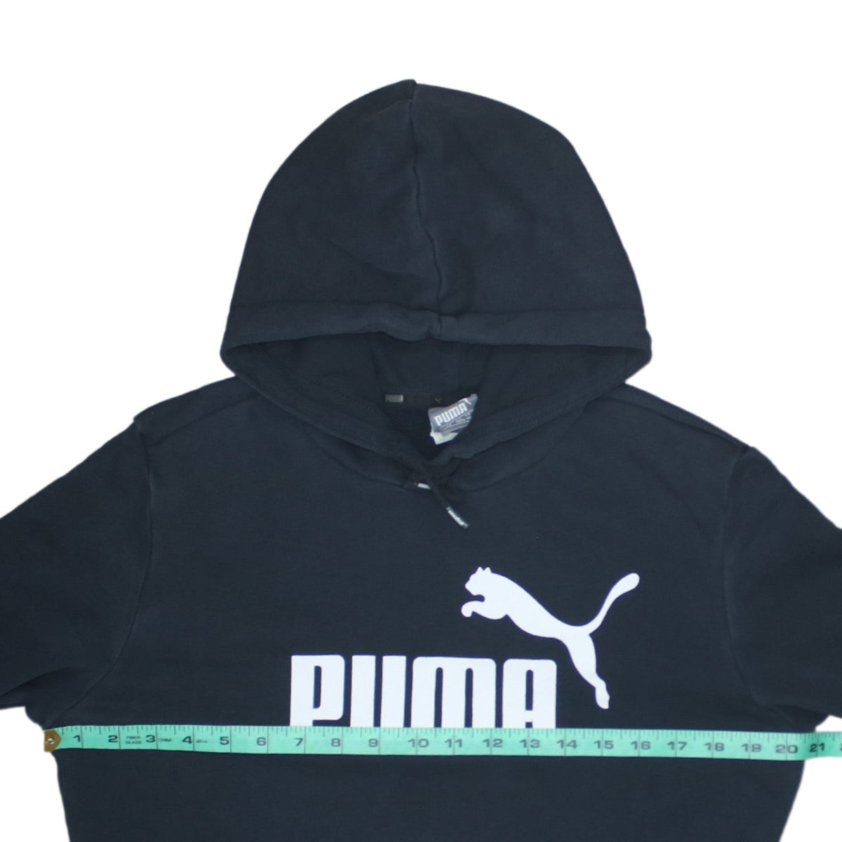 Close-up detail of Puma Men's Black Pullover Hoodie S Regular Fit Fleece Sweatshirt