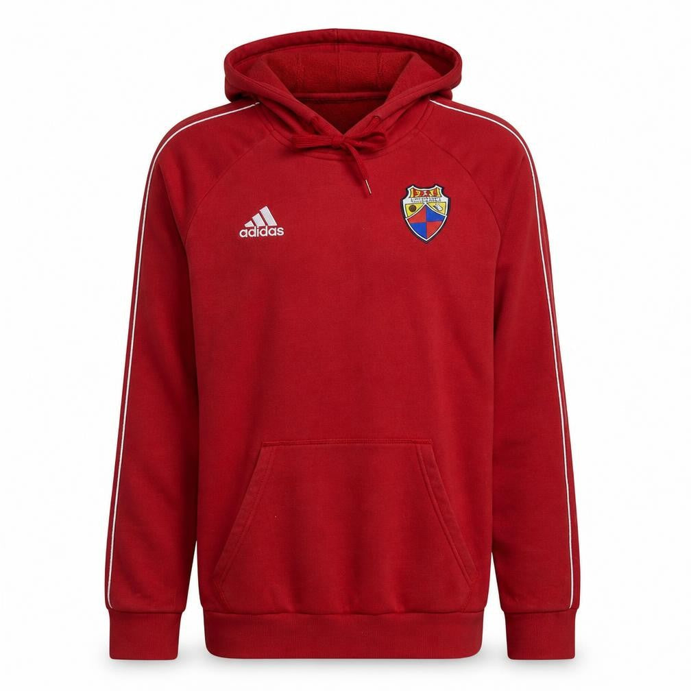 Front view of Adidas Men's Red Pullover Hoodie Small Embroidered Sports Style