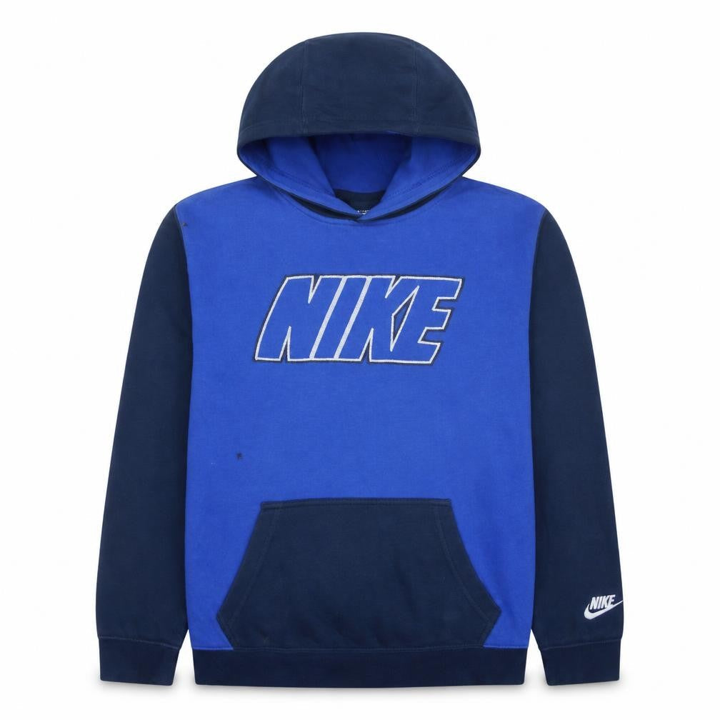 Front view of Nike boys’ blue pullover hoodie xl 13-15 years graphic logo fleece