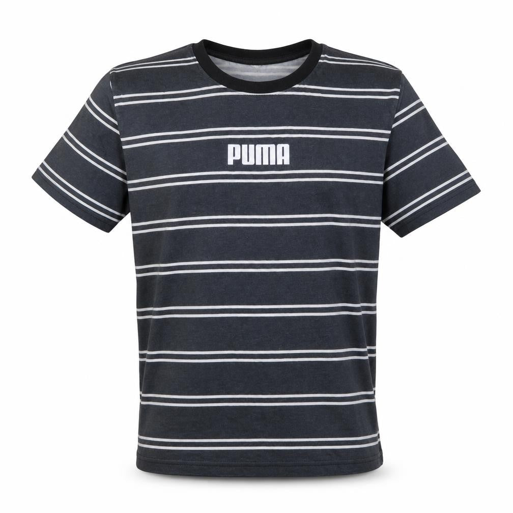 Front view of Puma Men's Black Striped Crew Neck Short Sleeve T-Shirt, size M