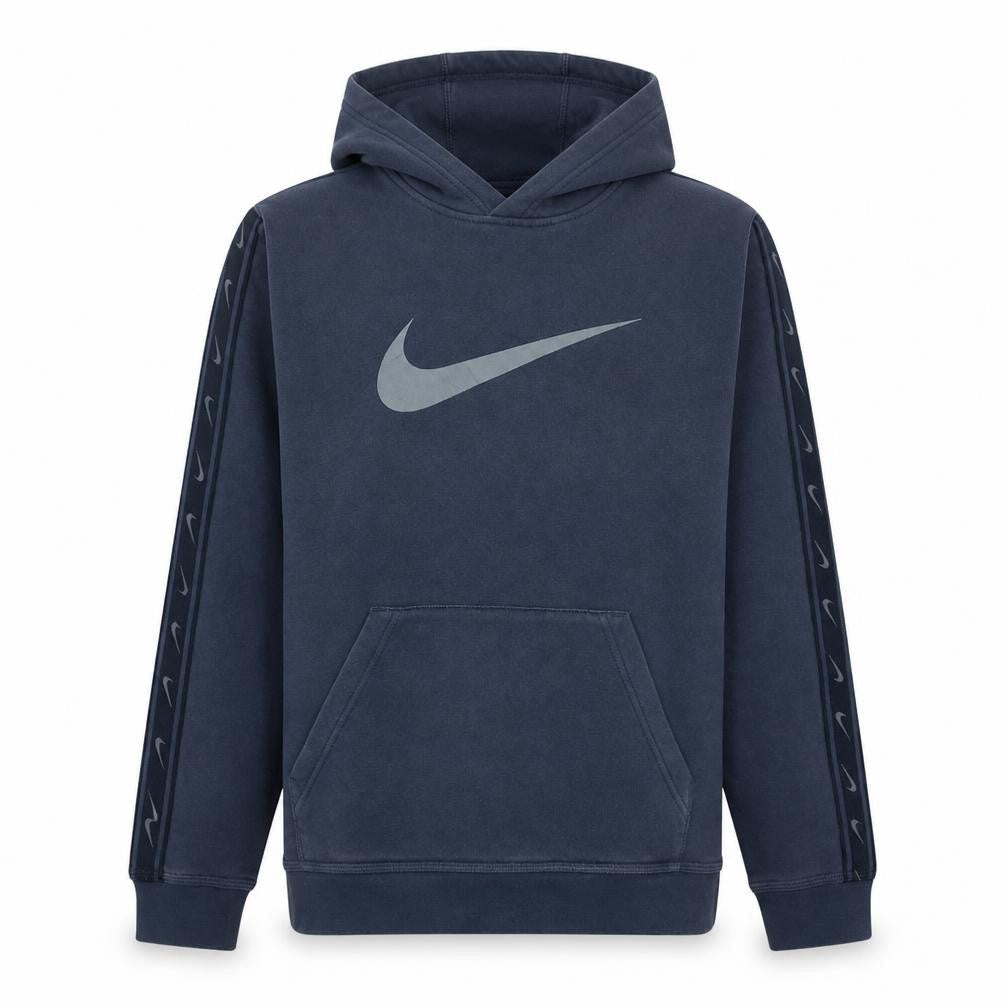 Front view of Nike boys’ blue xl pullover hoodie with large swoosh logo and kangaroo pocket