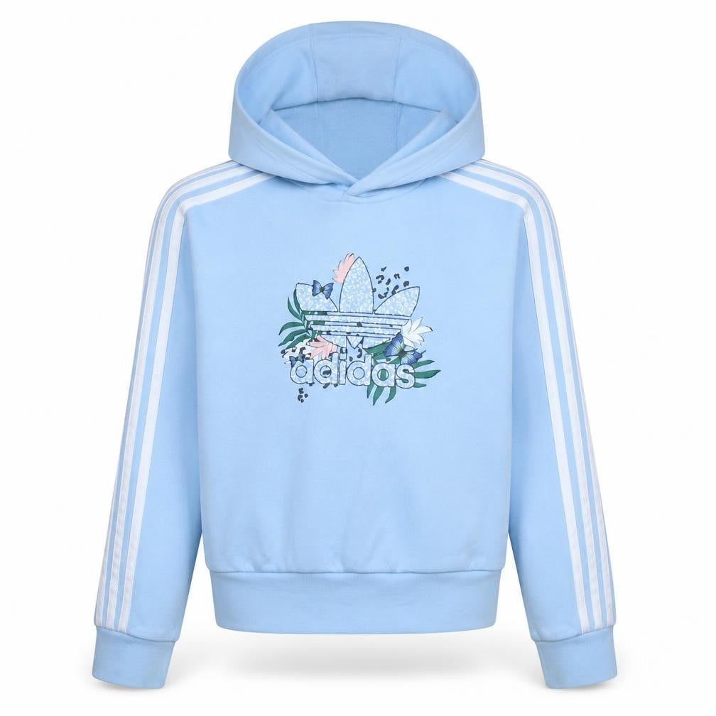 Front view of Adidas girls’ blue pullover hoodie 13-14 years butterfly floral graphic