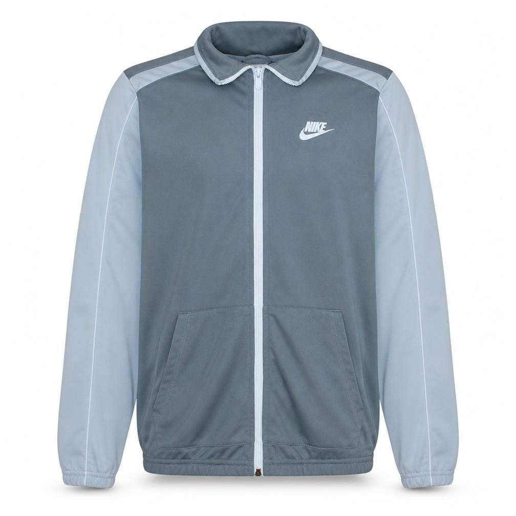 Front view of Nike boys’ grey xl track jacket lightweight zip activewear top