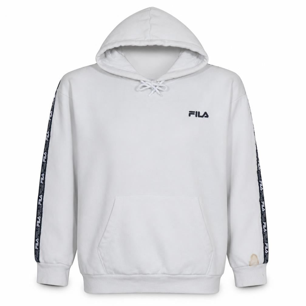 Front view of Fila Women White Pullover Hoodie Logo Tape S/10 Casual Long Sleeve