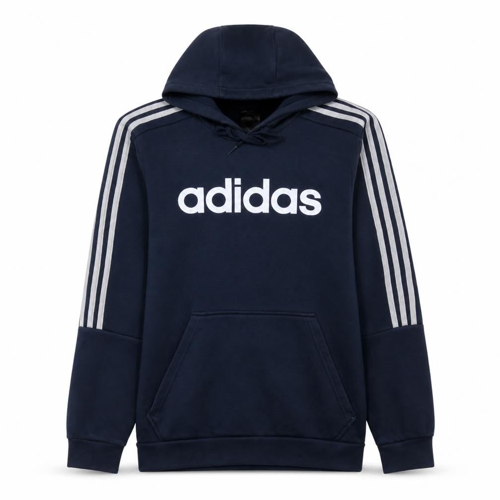 Front view of adidas Men’s Blue Pullover Hoodie Medium Logo Fleece Sweatshirt