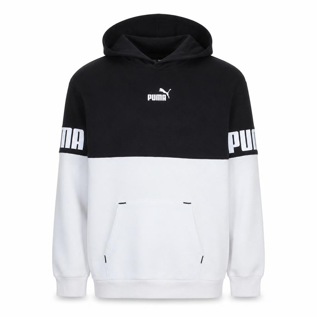 Front view of Puma boys’ black & white pullover hoodie 15-16 years colourblock logo fleece