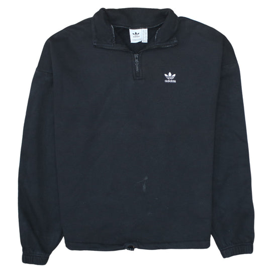 Adidas Women Black 1/4 Zip Sweatshirt UK 10 Logo Trim Long Sleeve