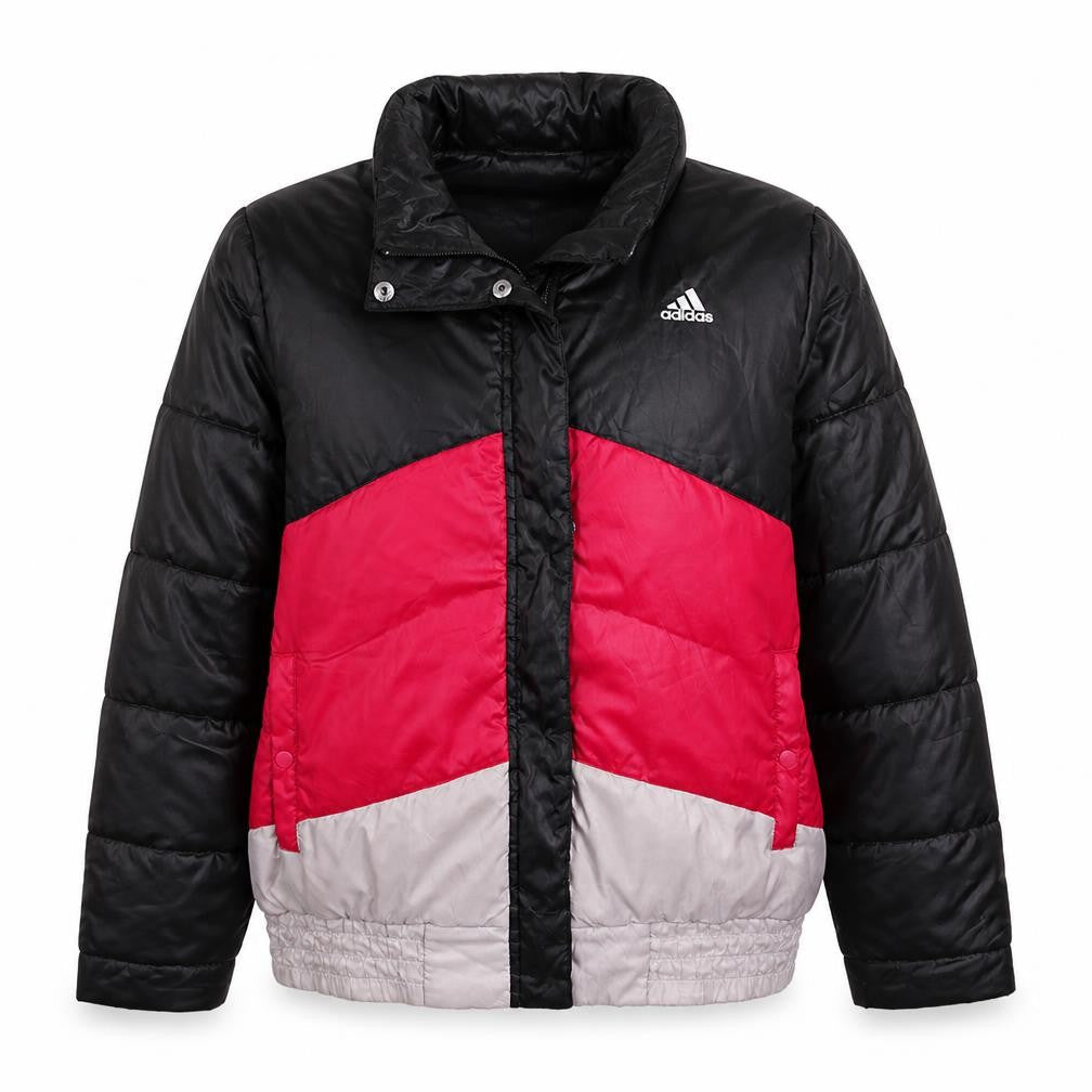 Front view of Adidas girls’ black pink ivory colourblock padded activewear jacket age 14