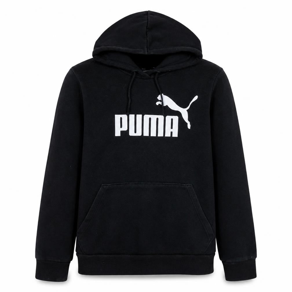 Front view of Puma boys’ black pullover hoodie, size 13, years fleece logo sweatshirt