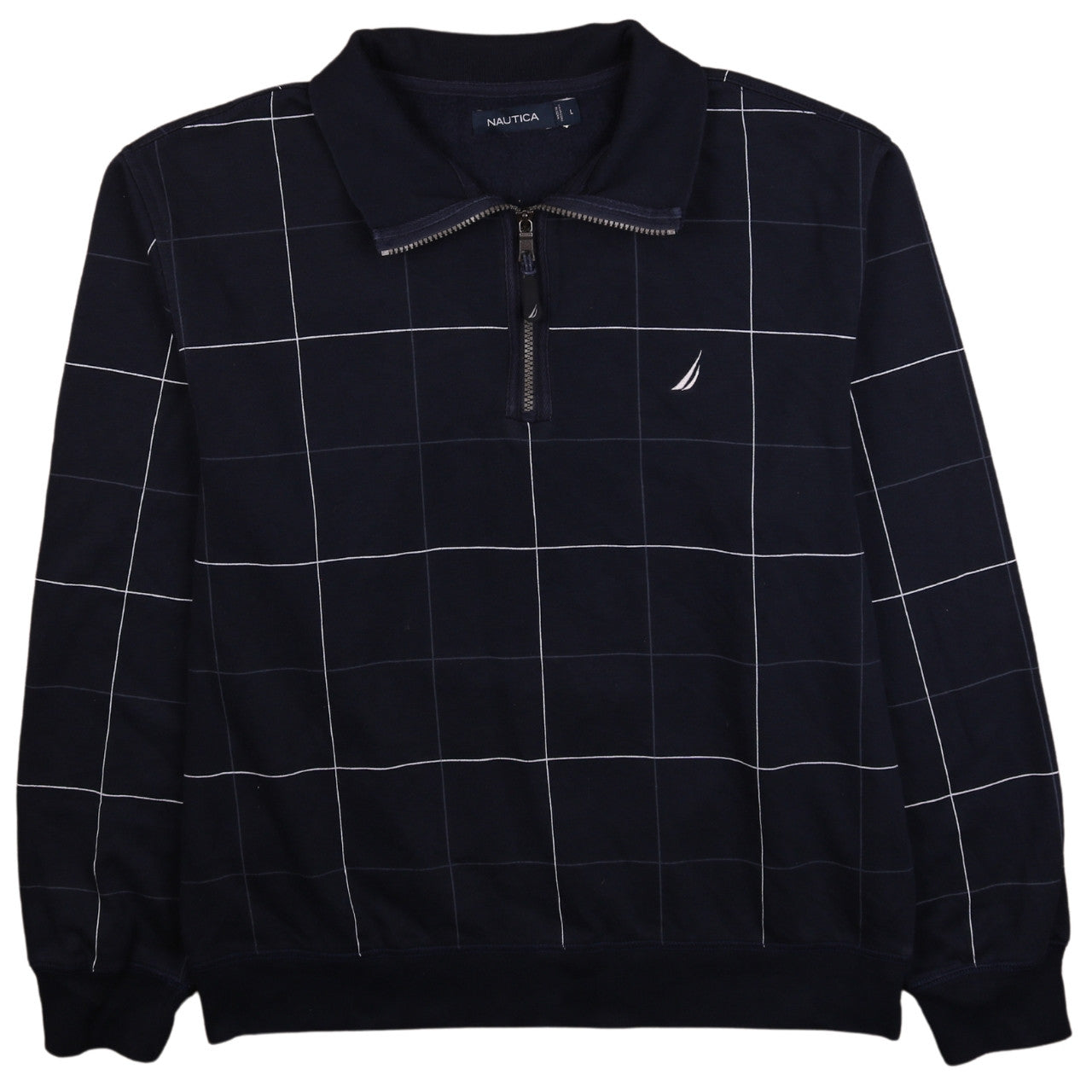 Nautica Men's Blue Check 1/4 Zip Collared Sweatshirt L